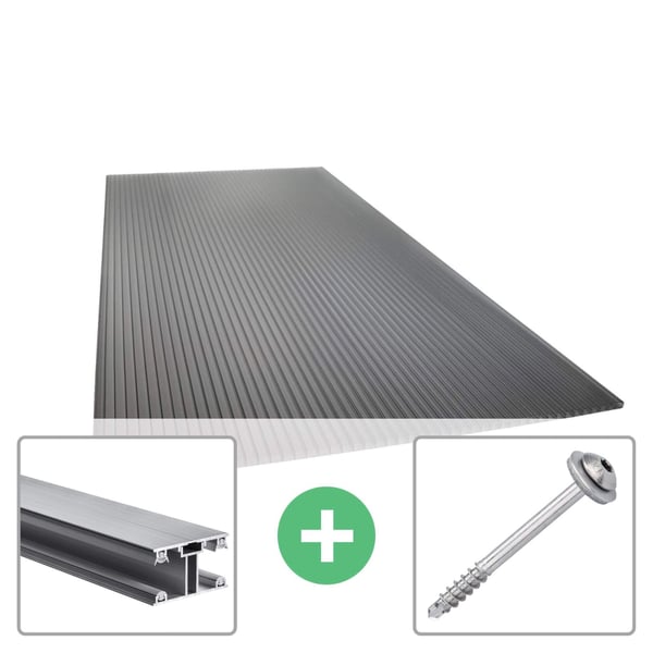 Polycarbonaat kanaalplaat 16 mm antraciet met aluminium profiel en schroef voor montage