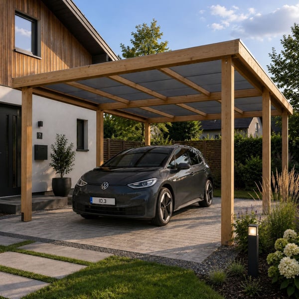 Antraciet polycarbonaat kanaalplaten 16 mm als dak van een houten carport met een auto