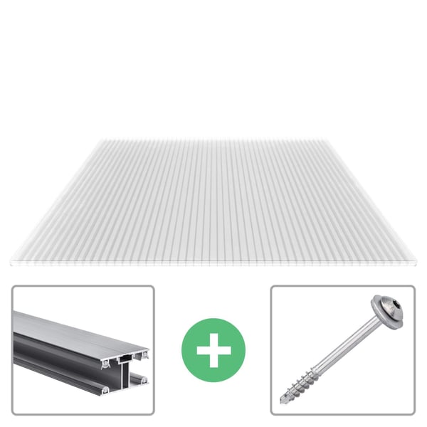 Helder polycarbonaat lichtplaat 16 mm, met aluminium profiel en schroef als set