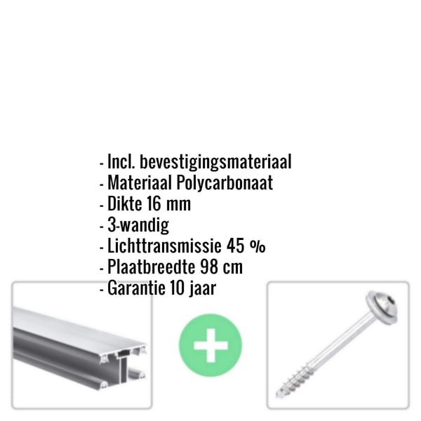 Polycarbonaat lichtplaat 16 mm opaal wit met infografik van materiaaldetails en bevestigingsmateriaal