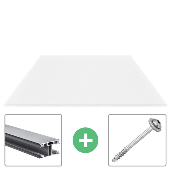 Polycarbonaat lichtplaat 16 mm opaal wit met aluminium profiel en schroef als set