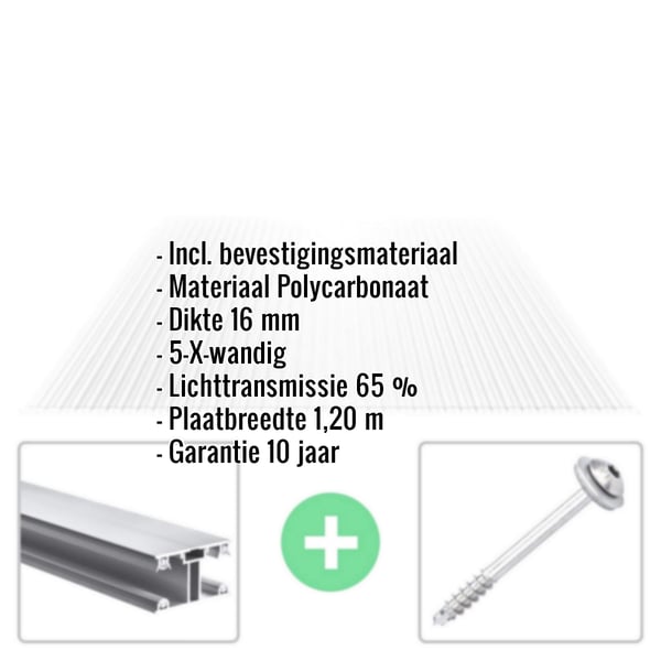 Infographic: Polycarbonaat kanaalplaat 16 mm, met specificaties en afbeeldingen van bevestigingsmateriaal