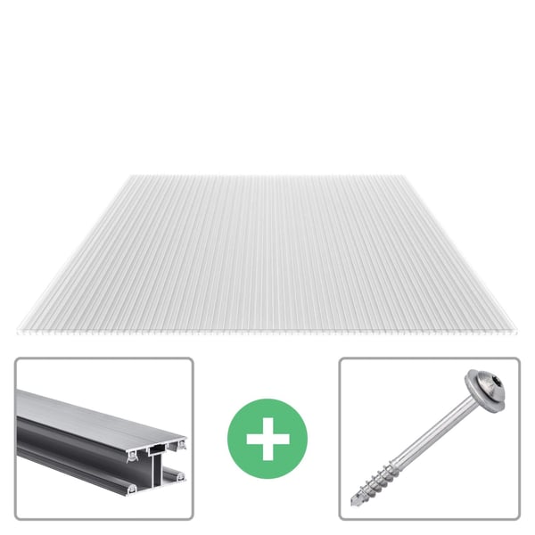 Polycarbonaat kanaalplaat 16 mm helder, met bevestigingsprofiel en schroef als voordeelpakket