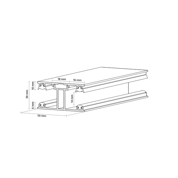 Technische tekening van het aluminium profiel met afmetingen voor 16 mm lichtplaten