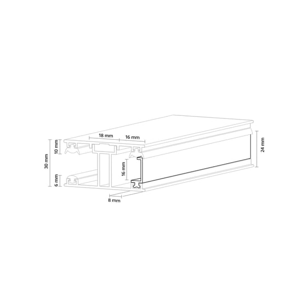 Technische tekening van het aluminium profiel met afmetingen en zijafsluiting