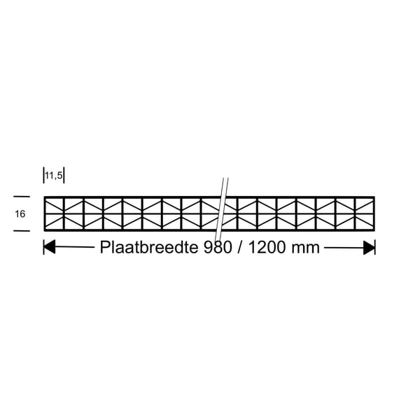 Technische tekening van de 16 mm polycarbonaat lichtplaat met 5-X-wandige structuur