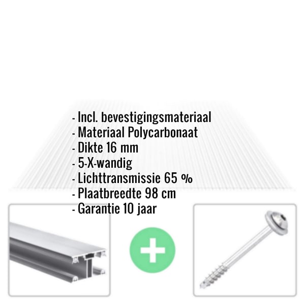 Polycarbonaat kanaalplaat 16 mm helder, met bevestigingsmateriaal en productdetails als infografik
