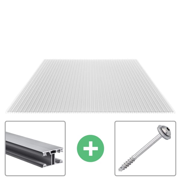 Polycarbonaat kanaalplaat 16 mm helder, met aluminium profiel en schroef als set