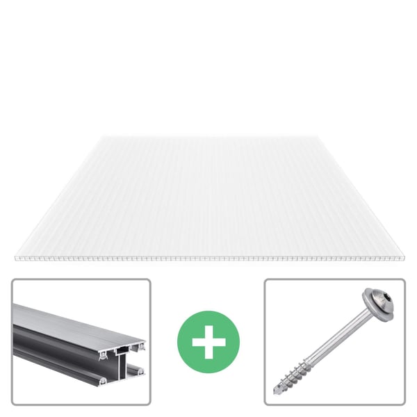 Polycarbonaat kanaalplaat 16 mm opaal wit met aluminium profiel en schroef voor montage