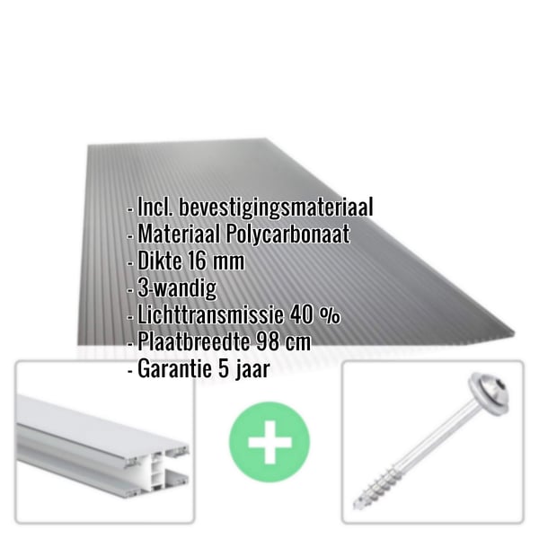 Polycarbonaat kanaalplaat | 16 mm | Profiel Mendig | Voordeelpakket | Plaatbreedte 98 cm | Antracietgrijs | Novalite | Breedte 7,13 m | Lengte 6,00 m