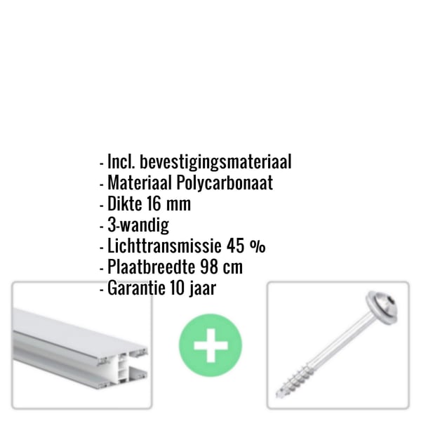 Polycarbonaat kanaalplaat | 16 mm | Profiel Mendig | Voordeelpakket | Plaatbreedte 98 cm | Opaal wit | Breedte 3,09 m | Lengte 4,50 m