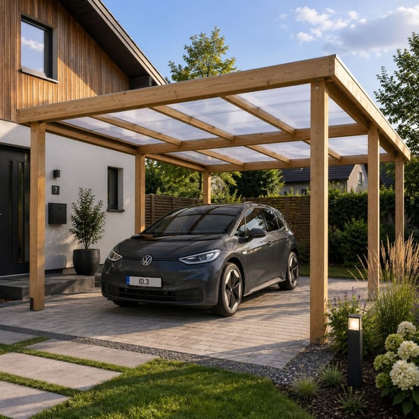 Houten carport met heldere polycarbonaat lichtplaten 16 mm als dak, een auto eronder