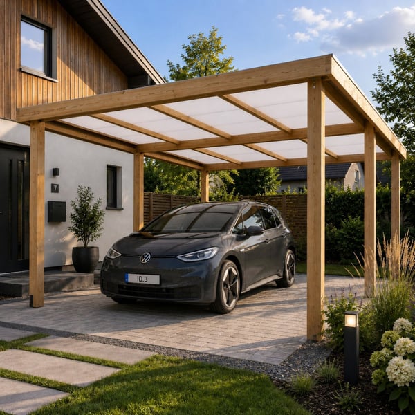 Houten carport met opaal witte polycarbonaat kanaalplaten 16 mm en elektrische auto
