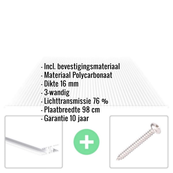 Polycarbonaat kanaalplaat 16 mm, helder, met ingebedde productdetails en bevestigingsmateriaal