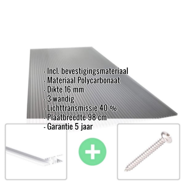 Polycarbonaat lichtplaat 16 mm antraciet, met ingebedde productdetails en bevestigingsmateriaal