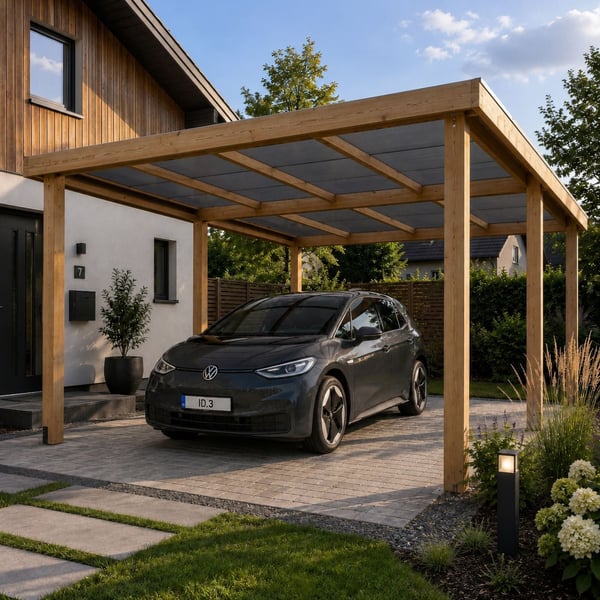 Zwarte carport met antraciet polycarbonaat lichtplaten 16 mm als dak, met auto eronder