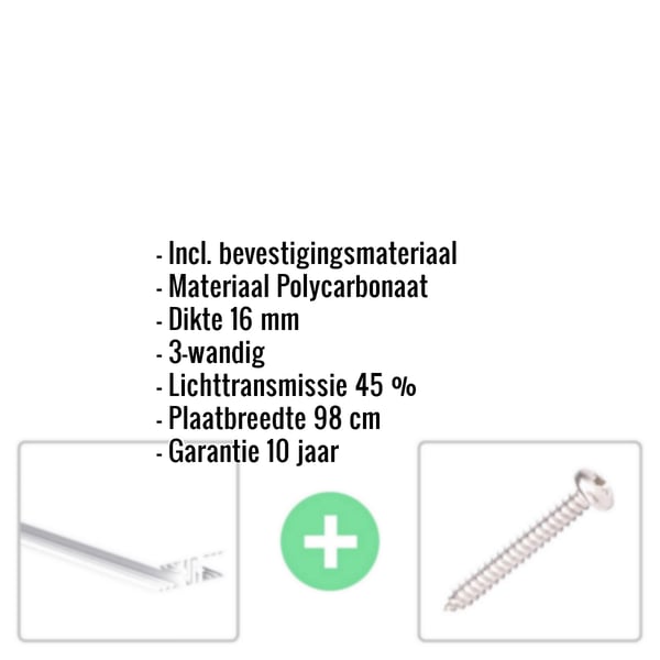 Polycarbonaat lichtplaat 16 mm opaal wit, infografik met materiaaldetails en bevestigingsmateriaal