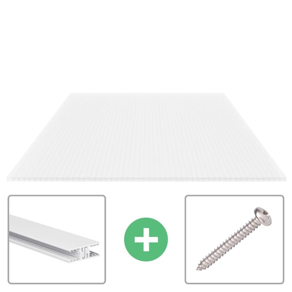 Polycarbonaat lichtplaat 16 mm opaal wit, hoofdaanzicht met bevestigingsprofiel en schroef