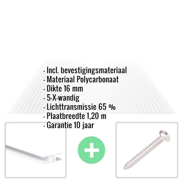 Infographic: Polycarbonaat kanaalplaat 16 mm, 5-wandig, met specificaties en bevestigingsmateriaal