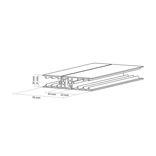 Technische tekening van een koppelprofiel met afmetingen 70 mm breed en 24 mm hoog