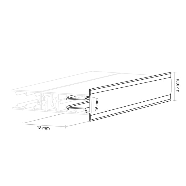 Technische tekening van een afsluitprofiel met afmetingen 18 mm breed en 35 mm hoog