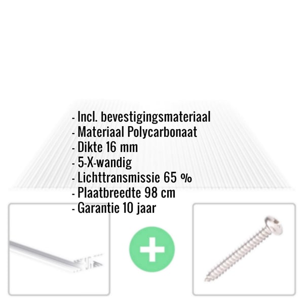 Polycarbonaat kanaalplaat 16 mm helder, met ingebedde productdetails en montageaccessoires