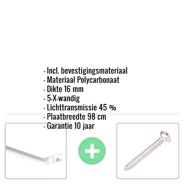 Polycarbonaat kanaalplaat 16 mm opaal wit met ingebedde productinformatie en bevestigingsmateriaal