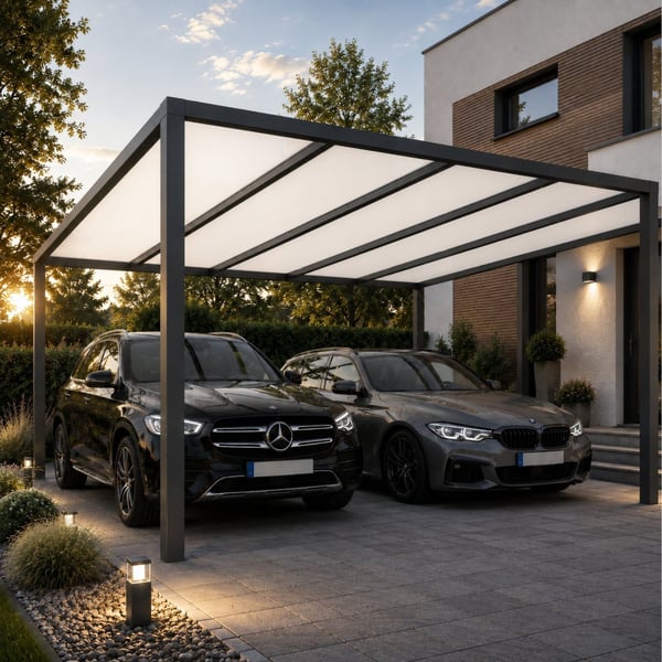 Moderne carport met donkere constructie en opaal witte polycarbonaat kanaalplaten 16 mm als dak