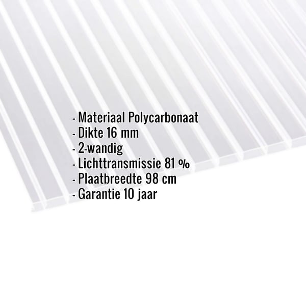 Polycarbonaat dubbelwandige plaat 16 mm, helder, met ingebedde gegevens over materiaal, dikte en lichttransmissie