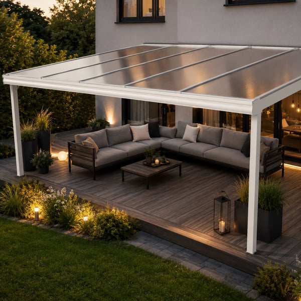 Toepassingsvoorbeeld: terrasoverkapping met heldere polycarbonaat platen van 16 mm en loungehoek in de avond