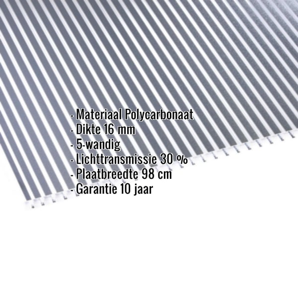 Polycarbonaat lichtplaat 16 mm, helder/antraciet gestreept, met ingebouwde productgegevens