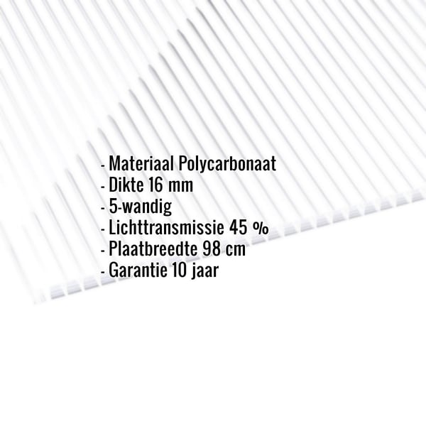 Polycarbonaat kanaalplaat 16 mm, helder/wit gestreept, met ingebedde productgegevens