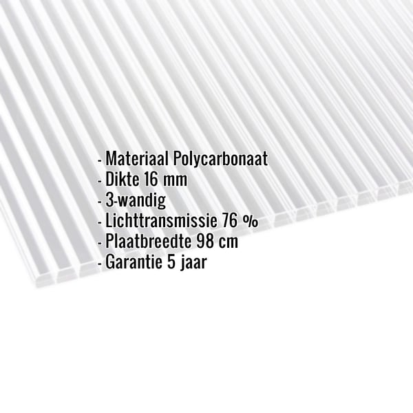 Polycarbonaat kanaalplaat | 16 mm | Breedte 98 cm | Helder | Blueline | 3,00 m