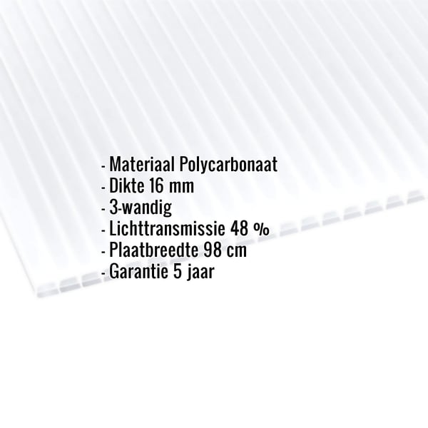 Polycarbonaat kanaalplaat | 16 mm | Breedte 98 cm | Opaal wit | Blueline | 3,00 m