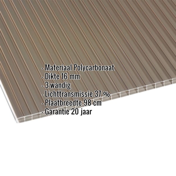 Polycarbonaat lichtplaat 16 mm brons, met ingebedde specificaties voor materiaal, dikte en lichttransmissie