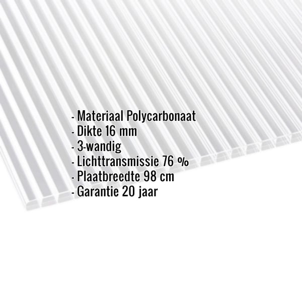 Polycarbonaat kanaalplaat 16 mm, helder, met ingebouwde productgegevens