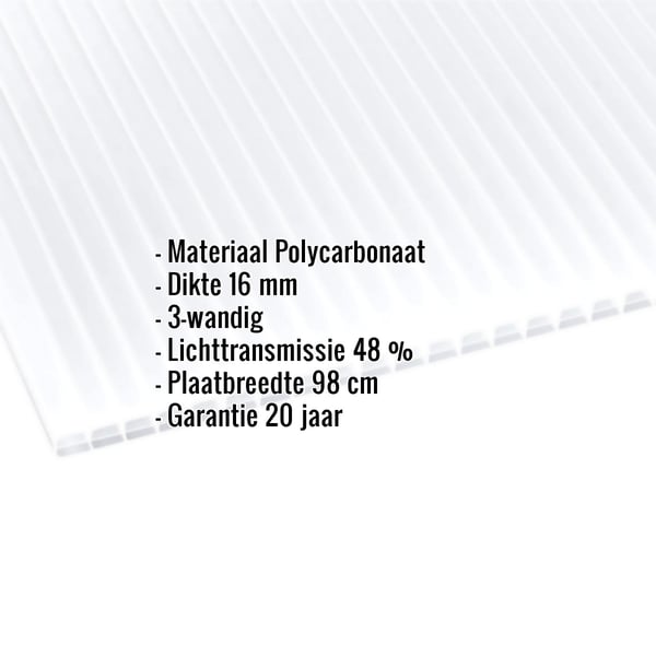 Polycarbonaat lichtplaat 16 mm opaal wit met ingebouwde productgegevens zoals materiaal, dikte en garantie