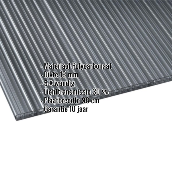 Polycarbonaat kanaalplaat 16 mm grafiet, met ingebedde productgegevens