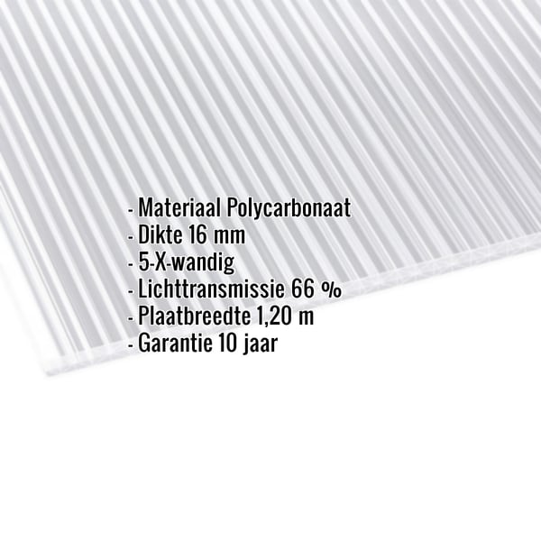 Polycarbonaat kanaalplaat 16 mm, helder, met ingebedde productgegevens over materiaal en dikte