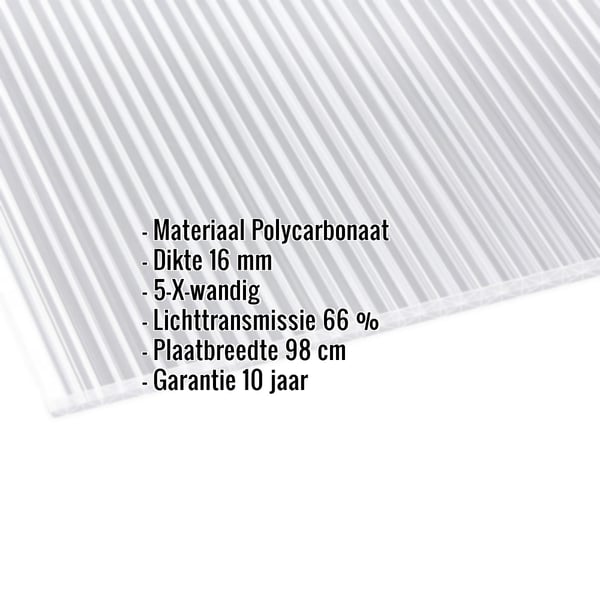 Polycarbonaat kanaalplaat 16 mm, helder, met ingebouwde productgegevens over materiaal, dikte en lichttransmissie