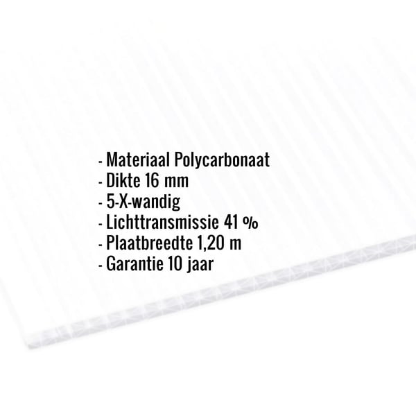 Polycarbonaat lichtplaat 16 mm opaal wit, met ingebedde specificaties voor materiaal, dikte en lichttransmissie