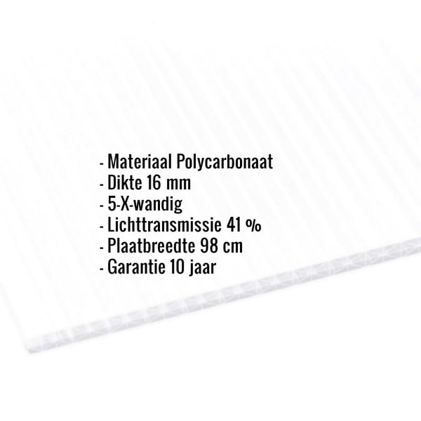 Polycarbonaat kanaalplaat | 16 mm | Breedte 98 cm | Opaal wit | X-Structuur | 3,00 m