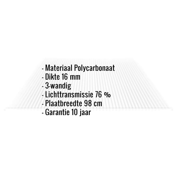 Infographic: Kerngegevens van de polycarbonaat kanaalplaat 16 mm, helder, met materiaal, dikte, lichttransmissie en garantie