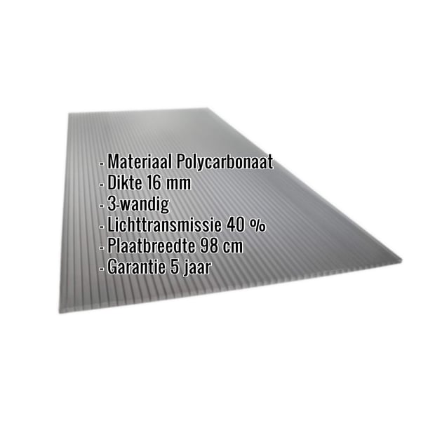 Polycarbonaat kanaalplaat 16 mm antraciet, met ingebedde specificaties over materiaal, dikte, lichttransmissie en garantie