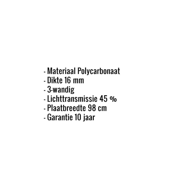 Infographic: Kerngegevens van de polycarbonaat kanaalplaat 16 mm, opaal wit, met materiaal, dikte, lichttransmissie en
