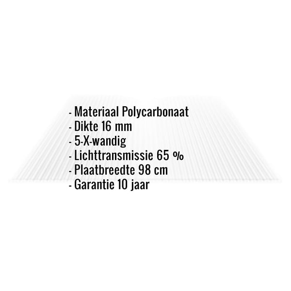 Polycarbonaat kanaalplaat 16 mm, helder, met ingebouwde gegevens over materiaal, dikte, wandigheid en lichttransmissie