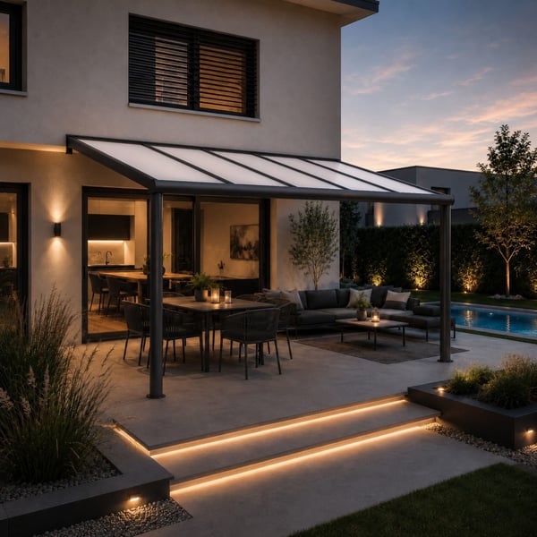 Terrasoverkapping met 16 mm opaal witte polycarbonaat lichtplaten en verlichte trap in de avond