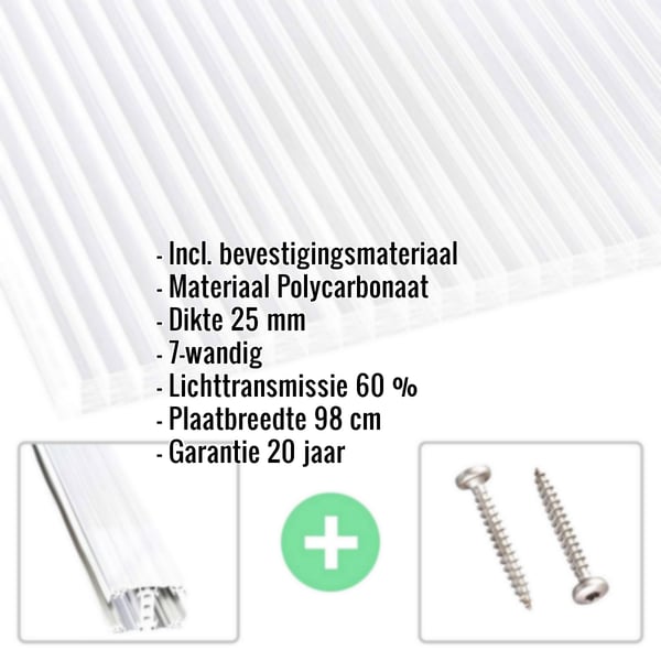 Helder polycarbonaat kanaalplaat 25 mm met ingebedde productinformatie en bevestigingsmateriaal
