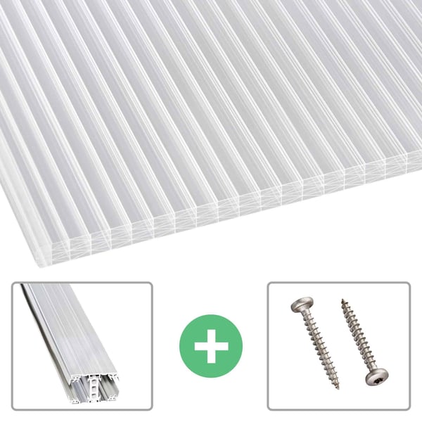 Helder polycarbonaat kanaalplaat 25 mm met 7 kamers, inclusief aluminium profiel en schroeven