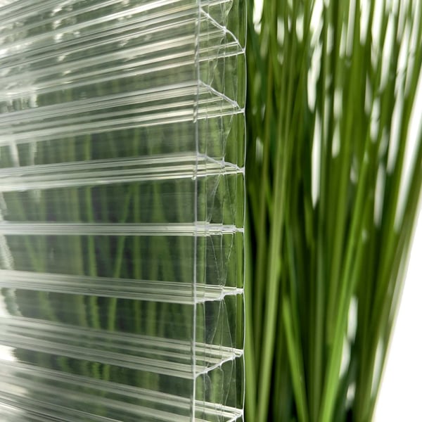 Detail van heldere polycarbonaat kanaalplaat 25 mm met 7 kamers, met groene plant op de achtergrond